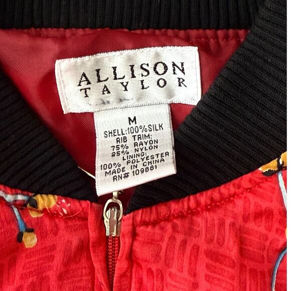 Allison Taylor Red Silk Cherry Blossom Bomber Jacket Size M full zip pocket - Picture 7 of 8